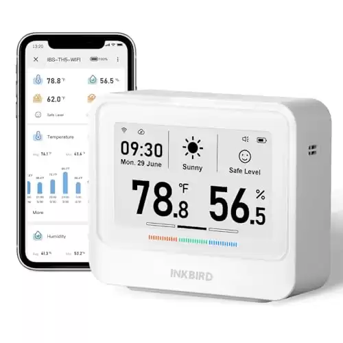 INKBIRD WiFi Thermometer Hygrometer, Temperature and Humidity Sensor with Weather Station, 8-in-1 IBS-TH5 with Electronic Ink Display, 2 Years Free Data Storage Export, Remote Monitor for Room