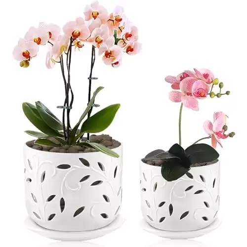 EFISPSS Orchid Pot with Holes, 5+6Inch Ceramic Plant Pots with Drainage Holes and Tray, Promoting Air Circulation Plant Growth, Indoor/Outdoor White Flower Pots