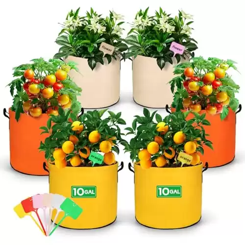 10 Gallon Plant Grow Bags: 6 Pack 350G Heavy Duty Potato Growing Bags with Handle, Thickened Nonwoven Fabric Pots, Breathable Gardening Bags Planters for Vegetable Tomato, Fruits with Plant Labels